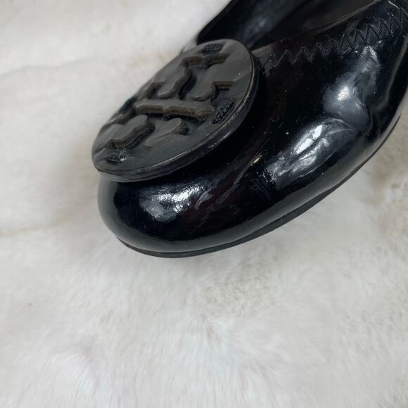 🔥Tory Burch Reva Ballet Flats Black Patent Leather Shoes Logo Women Size 6 - Picture 9 of 13